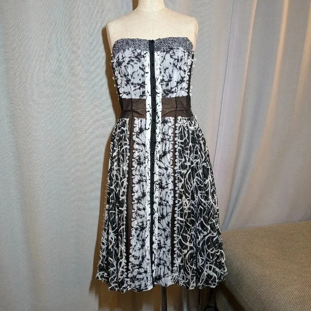 Byron Lars Lace Strapless Dress Black Midi Size 6 White - Picture 2 of 14